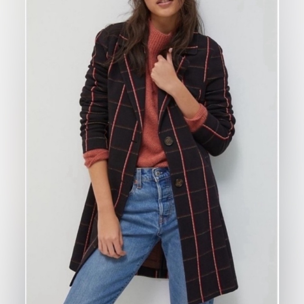Anthropologie Black Windowpane Blazer with Rust Grid